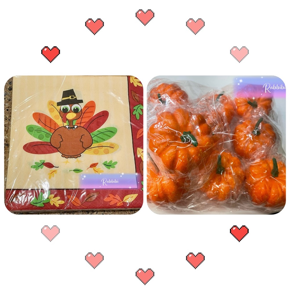 9 mini Artificial Pumpkins  and 3 packs of cute Turkey napkins.